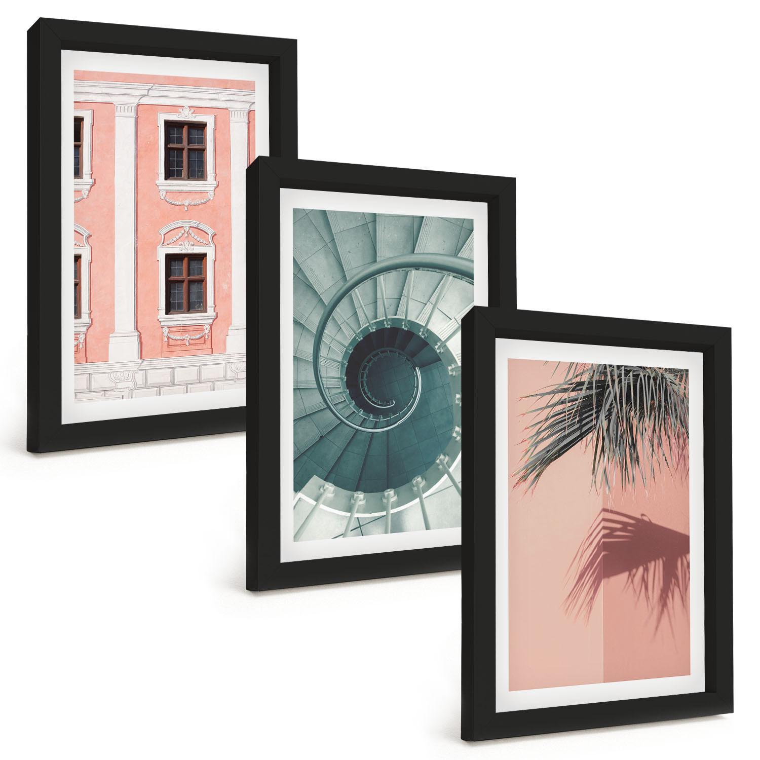 BILDER SET 3er Set - 20x30 cm Schwarzer Rahmen - Pastellfarbene Spiralarchitektur - Schwarz, Kunststoff (20/30cm) - TULUP