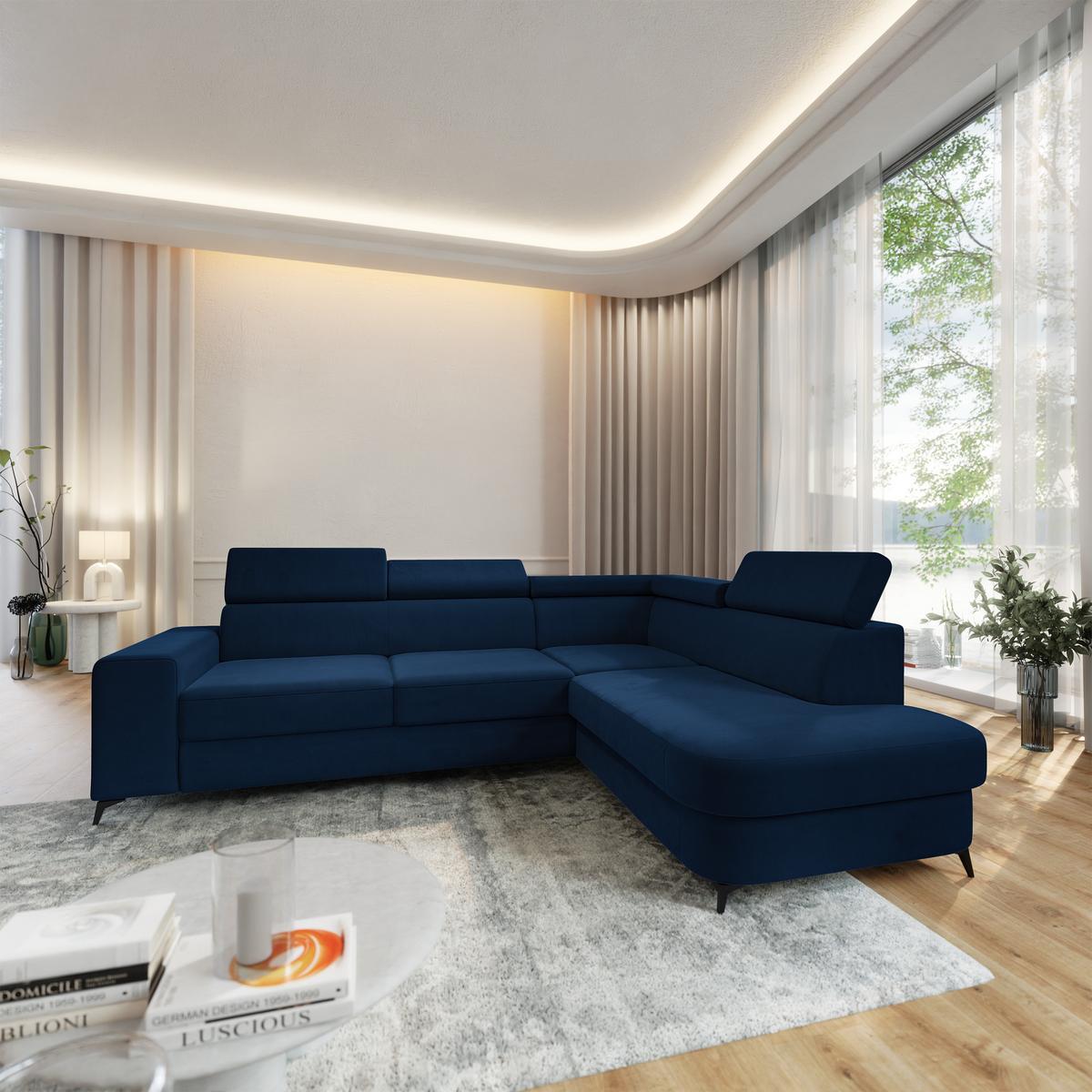 ECKSOFA ALVORO R-S Blau Velours-Stoff mit Schlaffunktion - Blau, Holz (253/190cm) - MASSENO