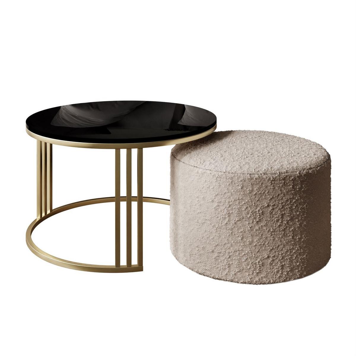COUCHTISCH mit Hocker LORI Hochglanz gebürstetes Gold/Schwarz glänzend/Coral 50 - Schwarz, Metall (70/70/49cm) - Lookway