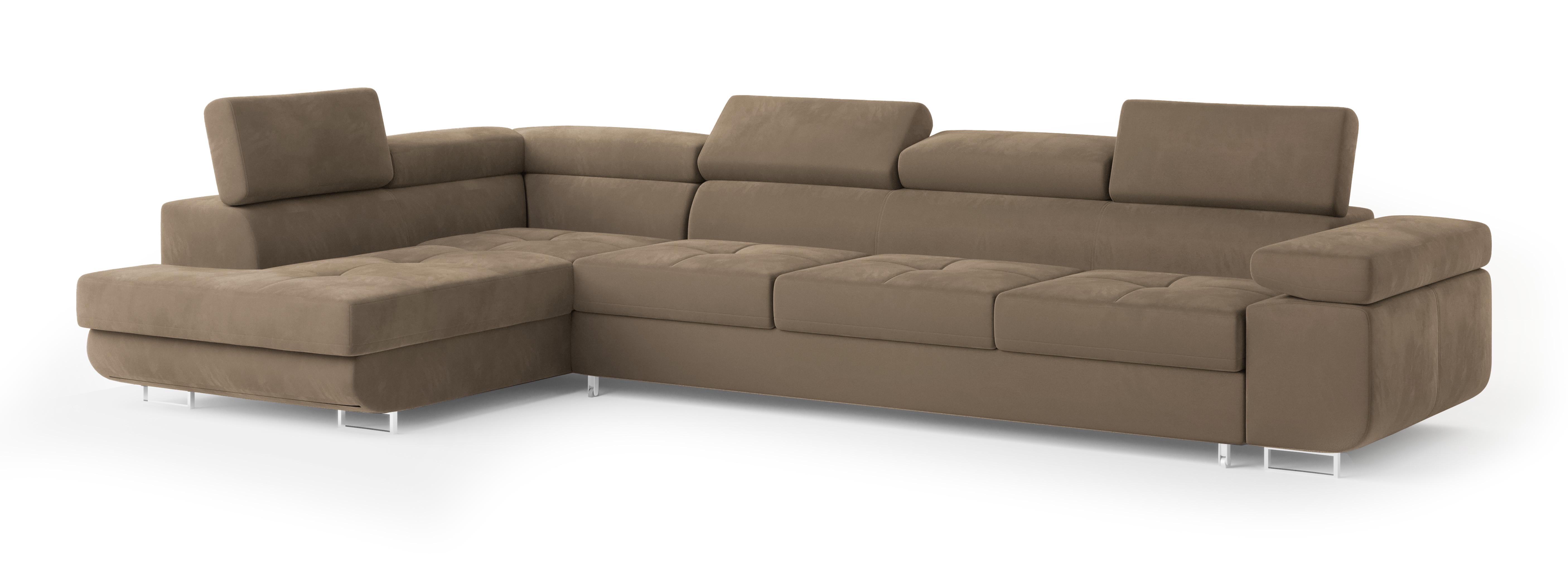 ECKSOFA VICENTE Beige Velours-Stoff mit Schlaffunktion - Beige, Holz (346/202cm) - MASSENO