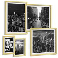 BILDER SET 5er Set - 50x50 cm & 20x30 cm & 40x60 cm Goldrahmen - Inspiration für Schwarz-Weiß-Darstellungen von Stadtstraßen - Goldfarben, Kunststoff (40/60cm) - TULUP