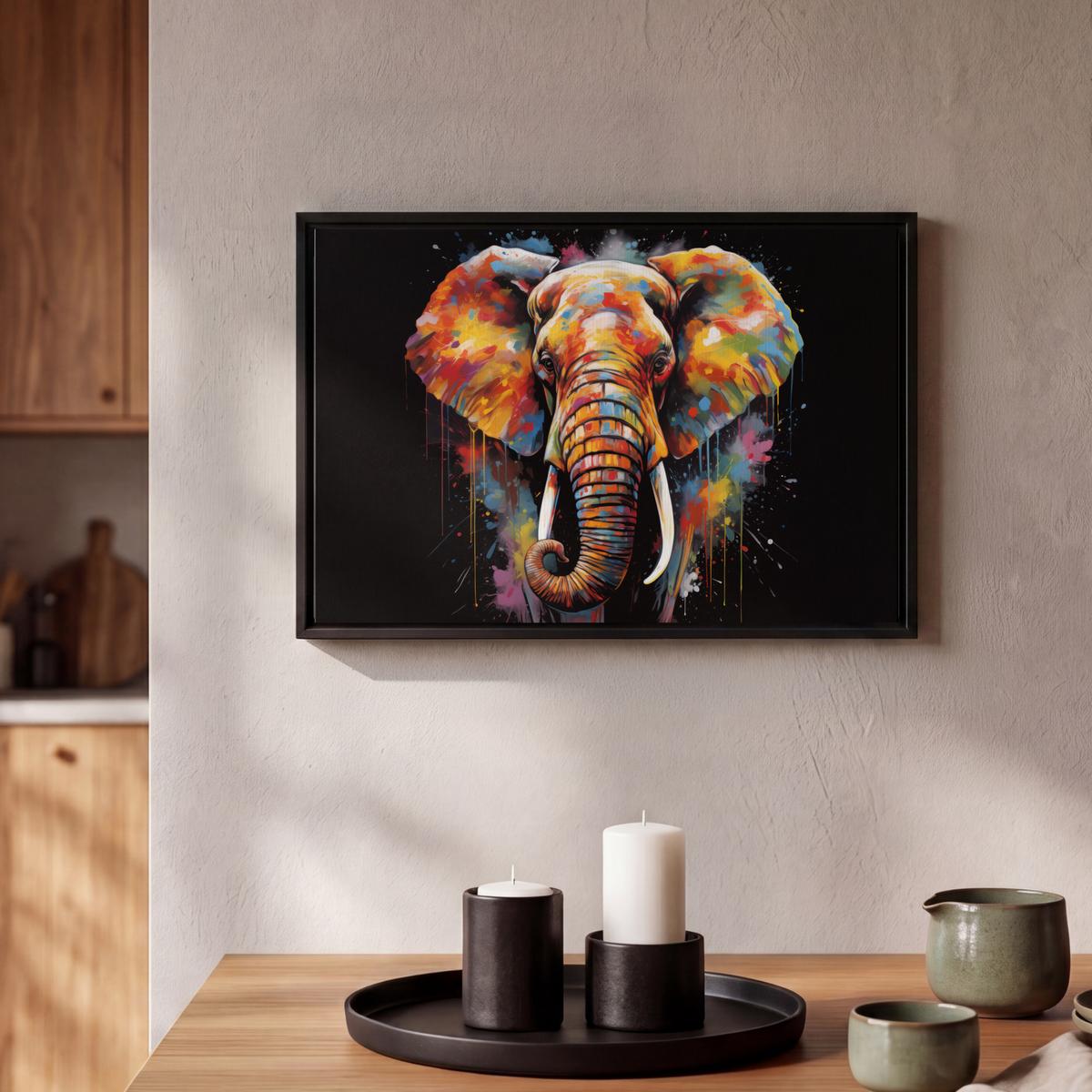LEINWAND Bilder mit Rahmen - Elefant - Graffiti - Schwarz - Tiere - Farben - 30x20 - Schwarz, Textil (30/20cm) - MuchoWow
