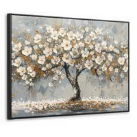 LEINWAND Bilder mit Rahmen - Baum - Blumen - Weiß - Natur - Kunst - 80x60 - Weiß, Textil (80/60cm) - MuchoWow