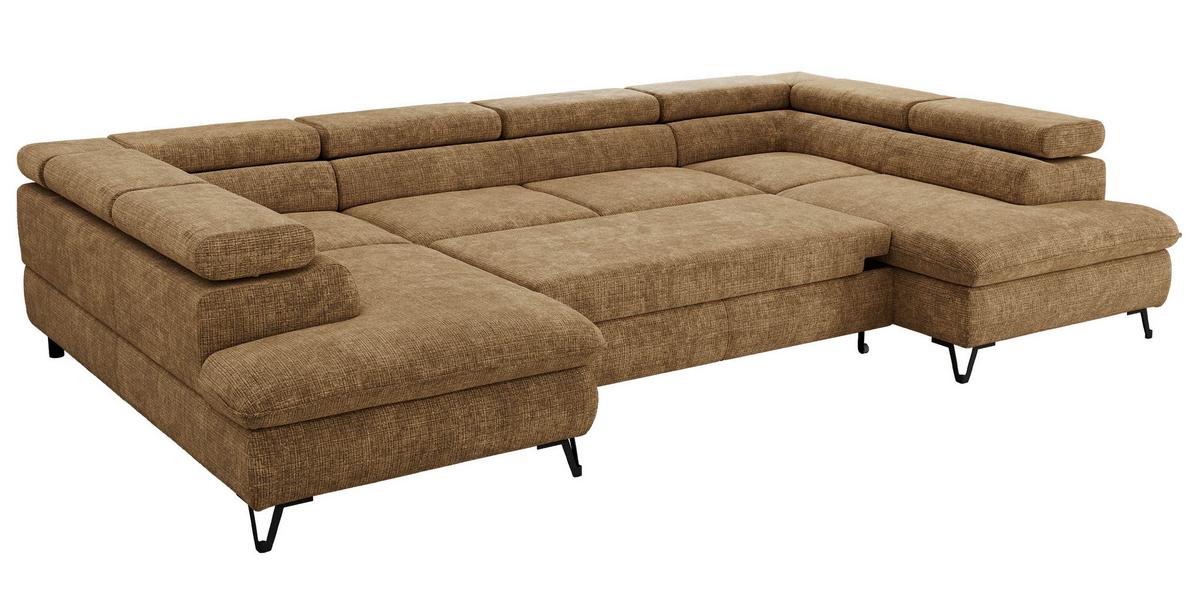 WOHNLANDSCHAFT PABLO U Schenille grob gewebt Hellbraun mit Topper Visco - Hellbraun/Schwarz, Textil/Metall (346/76/208cm) - MKS