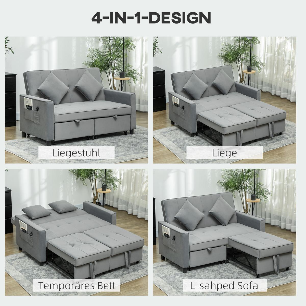SCHLAFSOFA, 2-Sitzer Sofa mit Schlaffunktion, Verstellbare Rückenlehne, Rollen - Grau, Metall (90.5/89/140.5cm) - HOMCOM