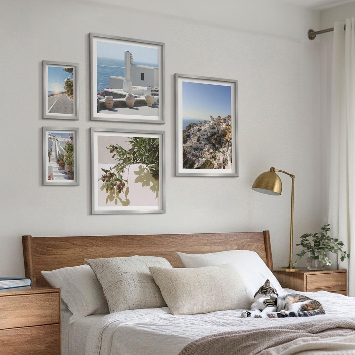BILDER SET 5er Set - 50x50 cm & 20x30 cm & 40x60 cm Silberner Rahmen - Weiße Treppe mit Blick auf Santorini - Silberfarben, Kunststoff (40/60cm) - TULUP