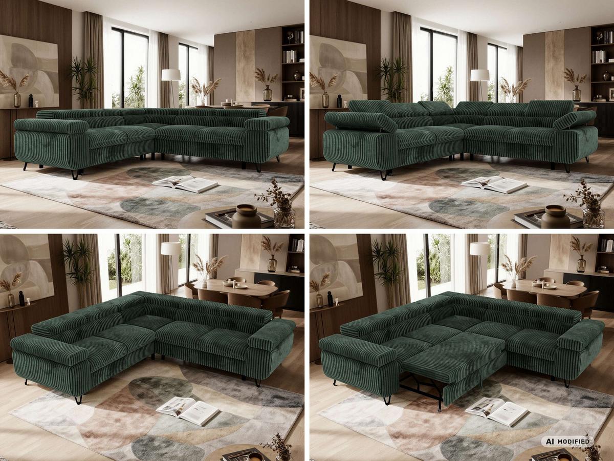 ECKSOFA QUADRO L - Dunkelgrün Cord - Rechts Seite - Dunkelgrün/Schwarz, Textil/Metall (269/269cm) - MKS