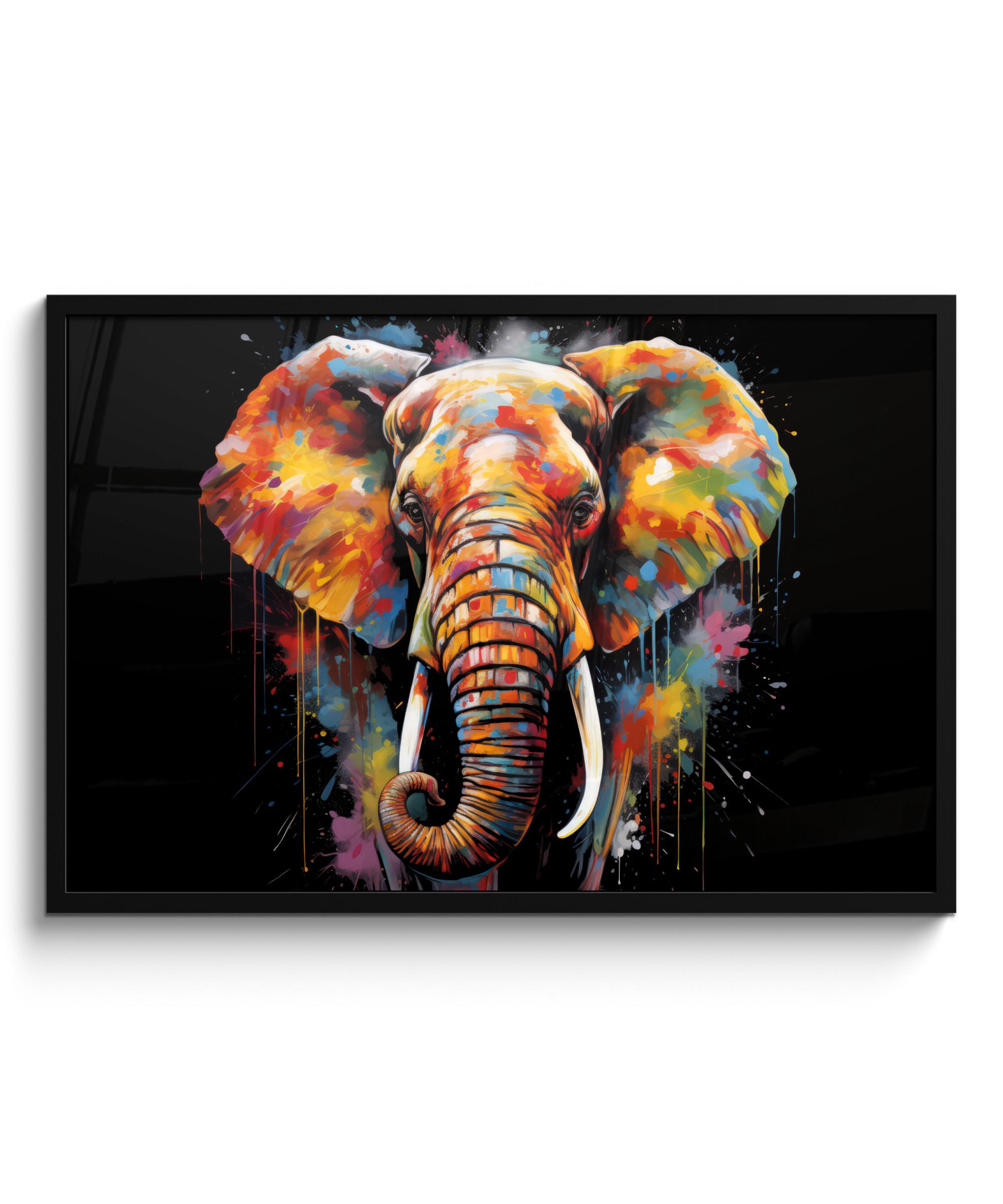 POSTER MIT RAHMEN Elefant - Graffiti - Schwarz - Tiere - Farben 90x60 cm - Schwarz, Papier (90/60cm) - MuchoWow