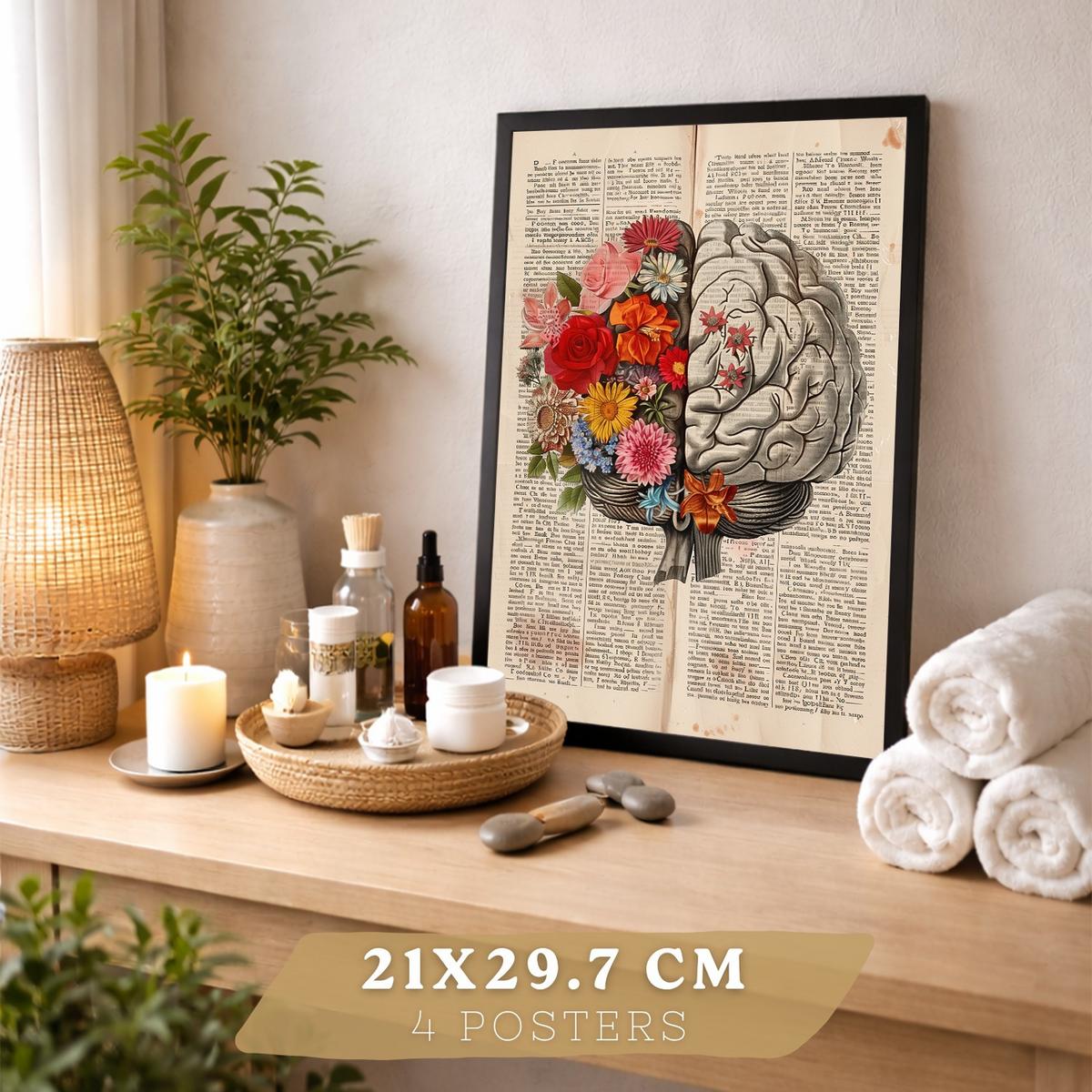 POSTER Set aus 4 Vintage Anatomie Drucke und Wandbilder mit Herz Schädel Skelett und Gehirn Collage Stil Wanddekoration Größe Schwarzer Rahmen A4 - Schwarz, Papier (21/29.7/3cm) - Nacnic