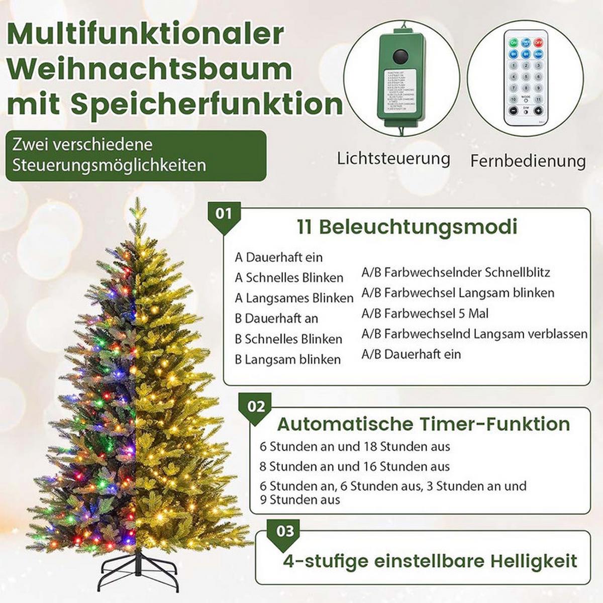 WEIHNACHTSBAUM mit 11 Lichtmodi 180cm Grün - Grün, Metall (180cm) - COSTWAY