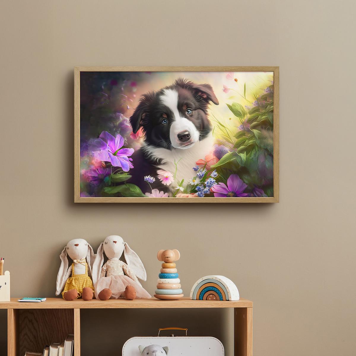 NACHTTISCHLAMPE MIT AKKU Welpe - Sonne - Blumen - Natur - Border Collie - Hund 60x40 cm - Violett, Holzwerkstoff (8/60/40cm) - OnlyWow