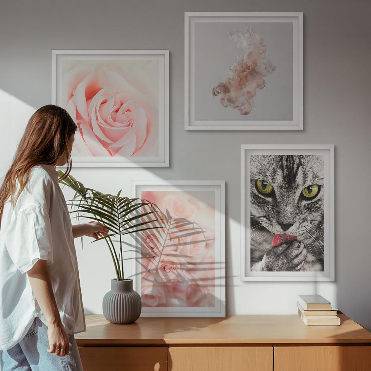 BILDER SET 4er Set - 50x50 cm & 40x60 cm Weißer Rahmen - Abstrakte Darstellung von grauen Katzenrosen - Weiß, Kunststoff (50/50cm) - TULUP