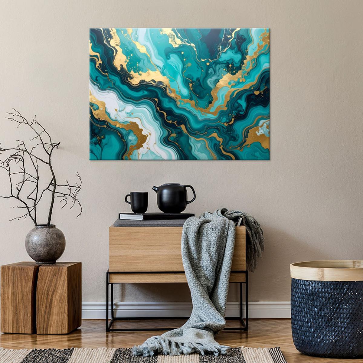 LEINWANDBILD, Abstrakt türkis goldene Murmel - Türkis, Textil (60/40cm) - Feeby