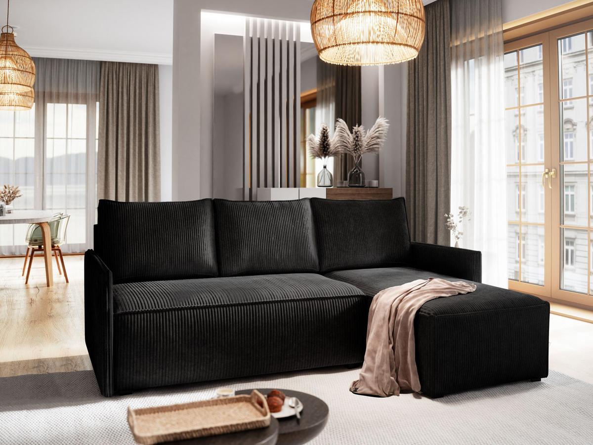 ECKSOFA PERUSI Schwarz Kordstoff mit Schlaffunktion - Schwarz/Grau, Holz/Kunststoff (206/143cm) - MASSENO