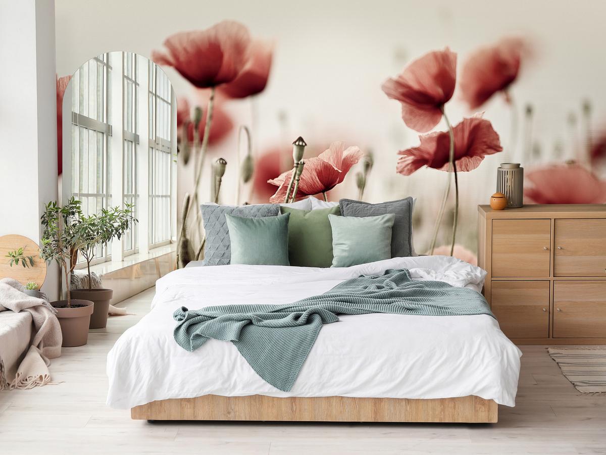 FOTOTAPETE für Wohnzimmer Zarte Mohn Blumen Wiese Rot 100x70 - Beige/Rot, Papier (100/70cm) - Muralo