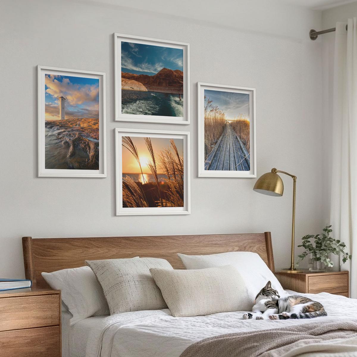 BILDER SET 4er Set - 50x50 cm & 40x60 cm Weißer Rahmen - Leuchtturm-Grassteg - Weiß, Kunststoff (50/50cm) - TULUP