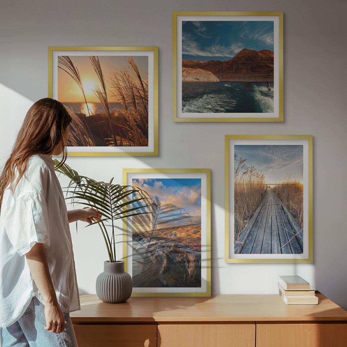 BILDER SET 4er Set - 50x50 cm & 40x60 cm Goldrahmen - Leuchtturm-Grassteg - Goldfarben, Kunststoff (50/50cm) - TULUP