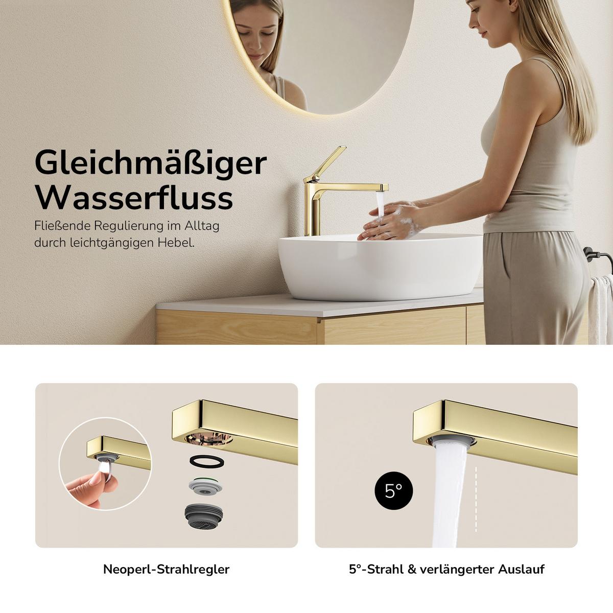 WASCHTISCHARMATUR mit Zertifiziertem Filterelement Champagnergold Hoher Stil - Goldfarben, Metall (23.3/4.6/33.5cm) - EMKE