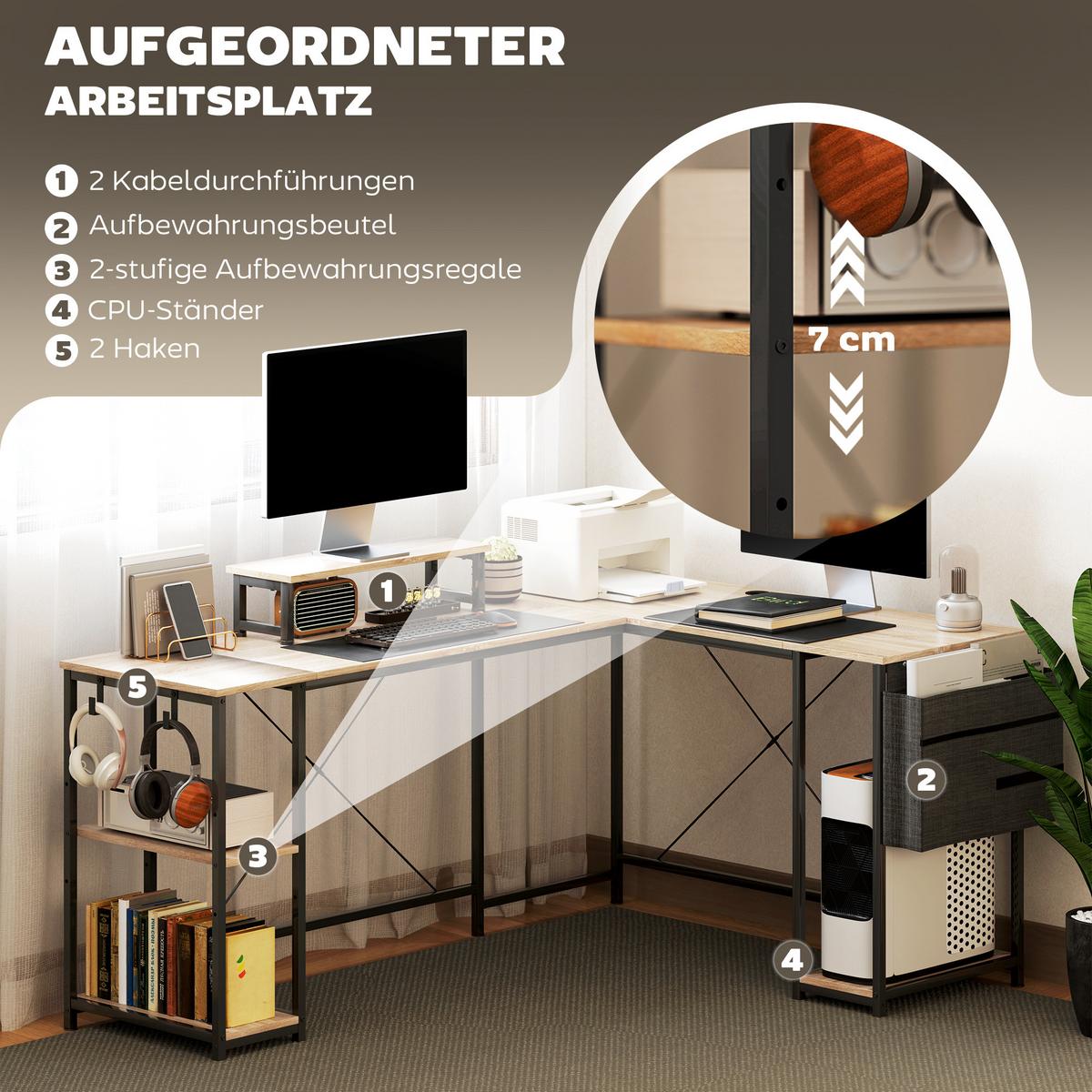 ECKSCHREIBTISCH aus Spanplatte Stahl Naturholz - Naturfarben, Holzwerkstoff (168/120/90cm) - HOMCOM