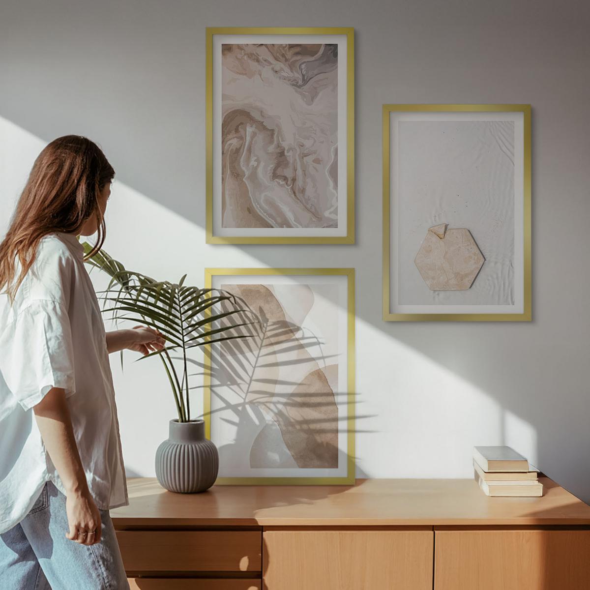 BILDER SET 3er Set - 40x60 cm Goldrahmen - Designerabstraktion der Natur - Goldfarben, Kunststoff (40/60cm) - TULUP
