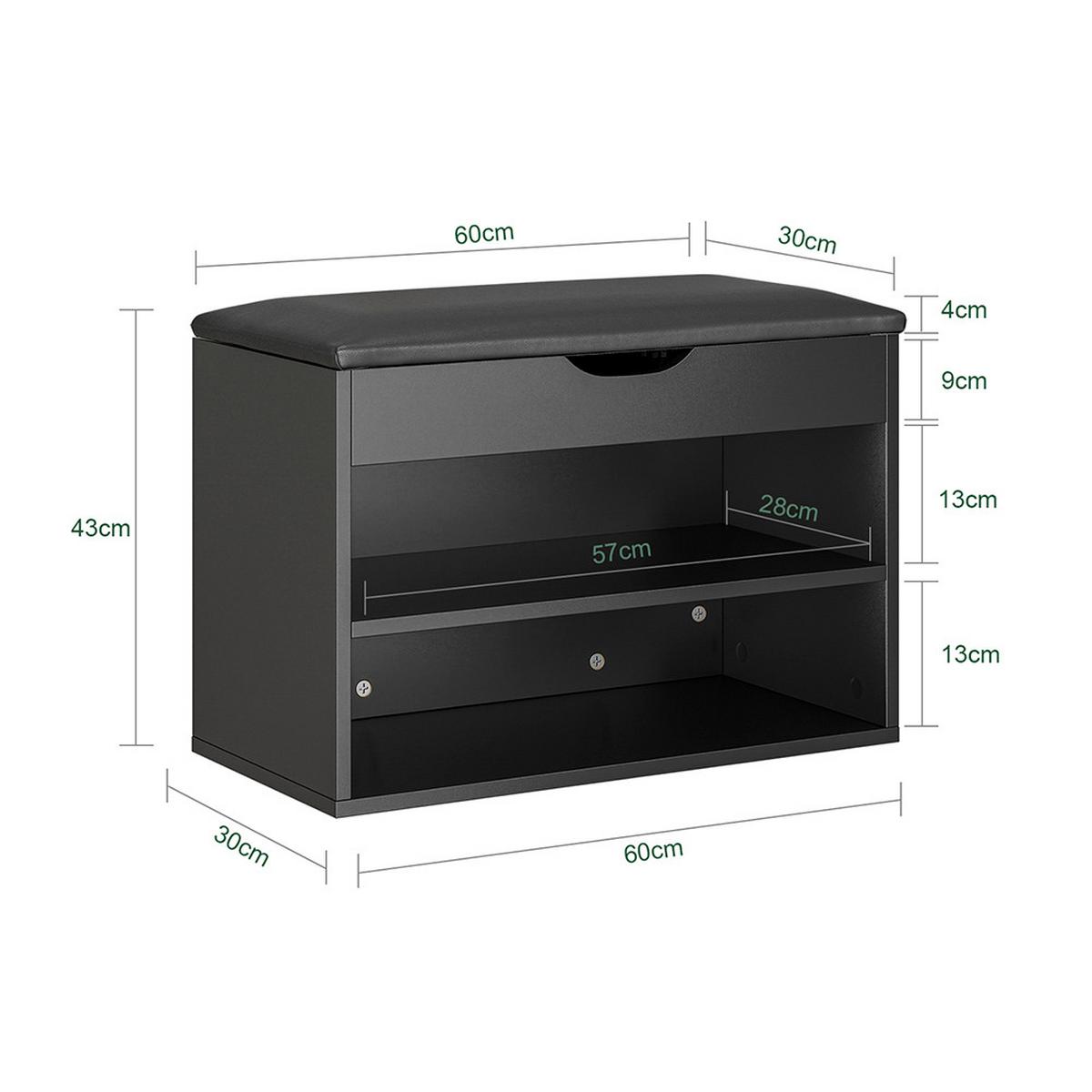 SCHUHBANK mit 2 Ablagen Schwarz 60x30x43cm Modern - Schwarz, Holzwerkstoff (30/43/60cm) - SoBuy