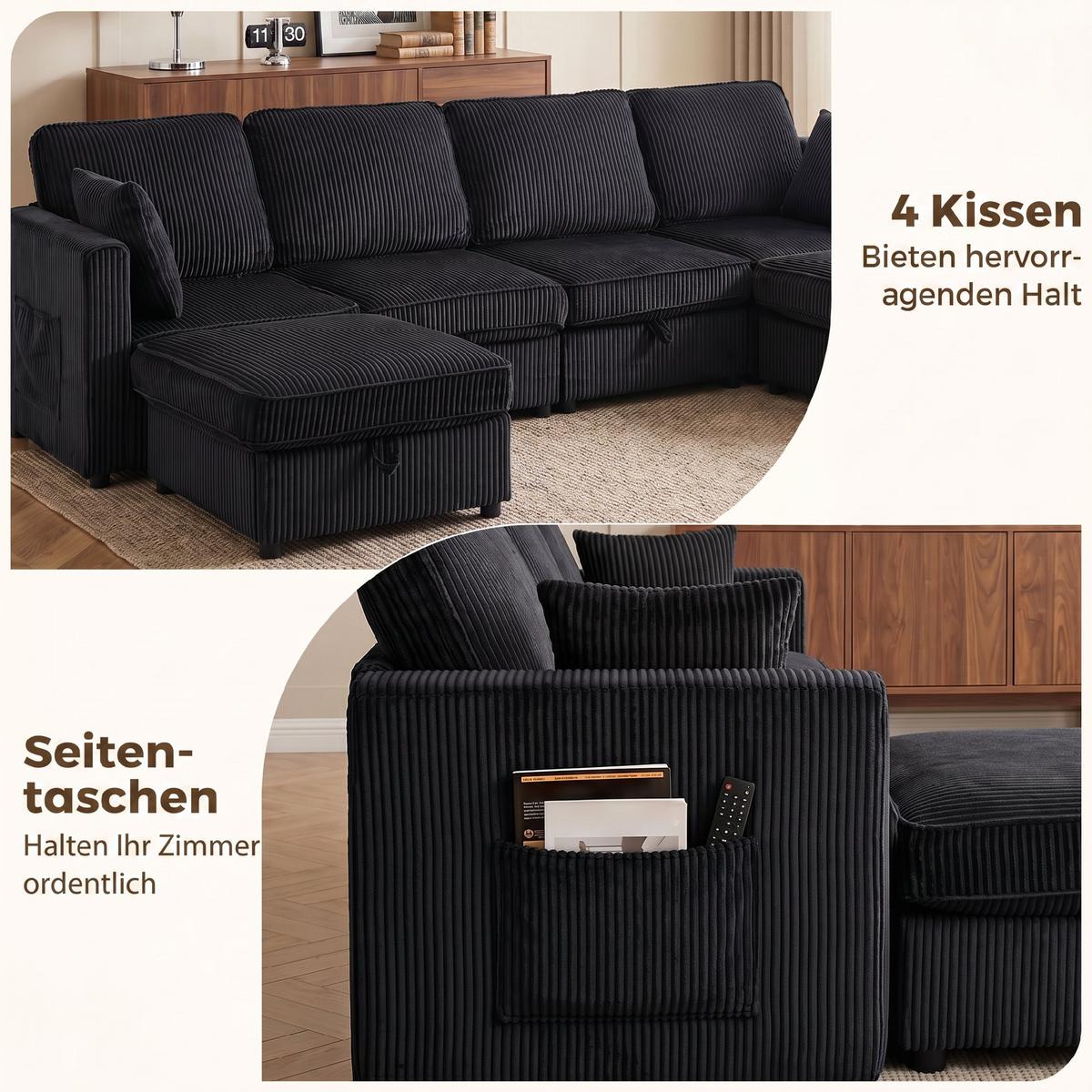 ECKSOFA Cord Dunkelgrau - Dunkelgrau/Schwarz, Kunststoff/Textil (153/306cm) - HOMCOM