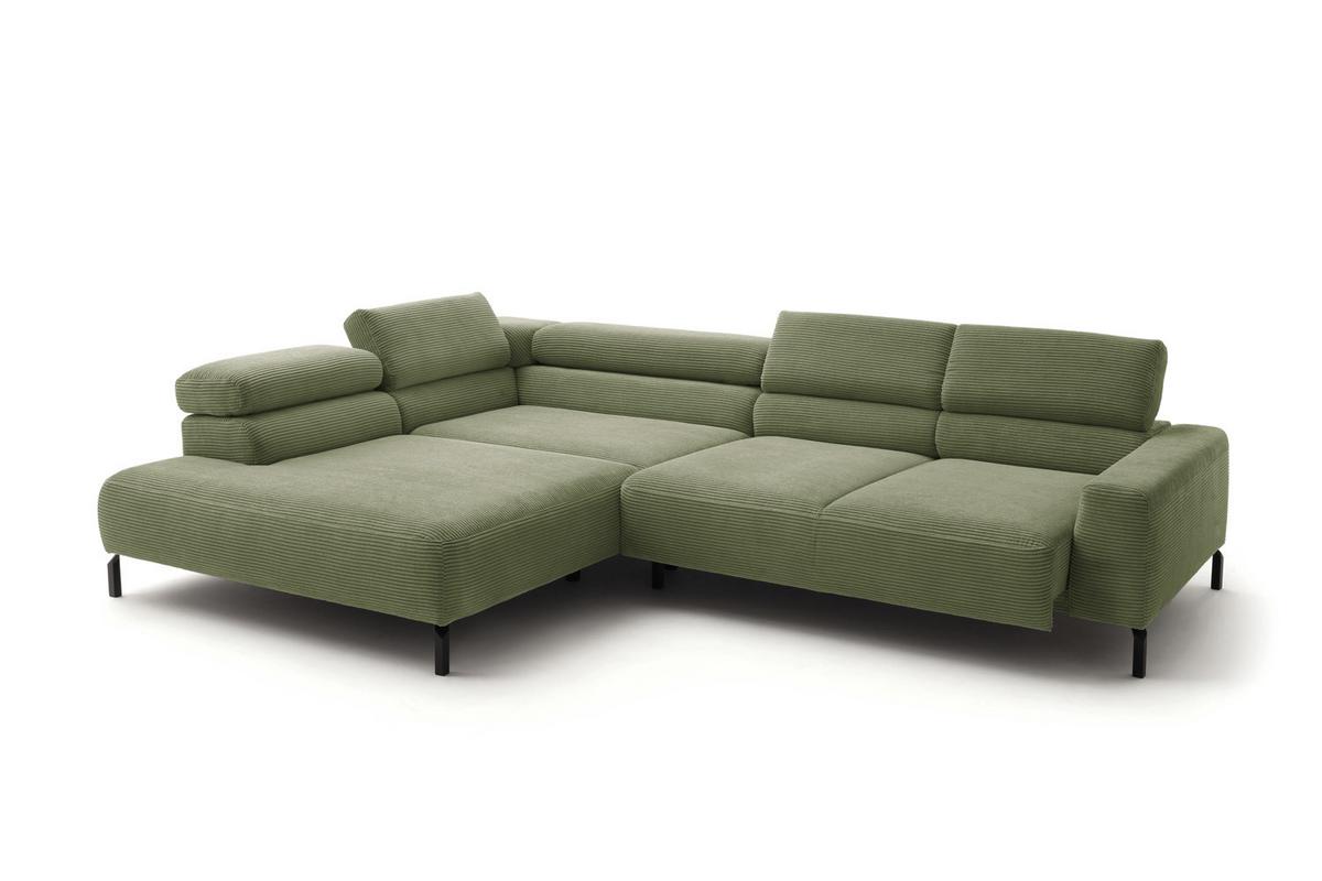 ECKSOFA DELIA Grün Cord Relaxfunktion - Schwarz/Olivgrün, Textil/Metall (276/219cm) - KAWOLA