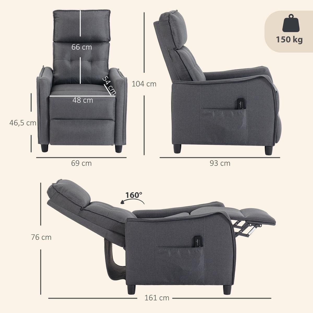 MASSAGERELAXSESSEL Leinen Grau - Grau, Kunststoff/Textil (69/104/93cm) - HOMCOM