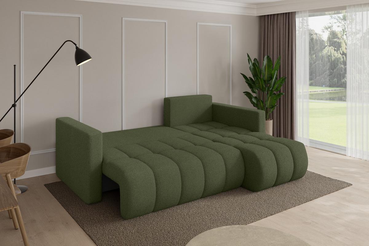 ECKSOFA mit Schlaffunktion Ottomane Rechts GARD-L 226x146x85 Grün Bouclé - Schwarz/Olivgrün, Holzwerkstoff/Kunststoff (226/146cm) - ALTDECOR