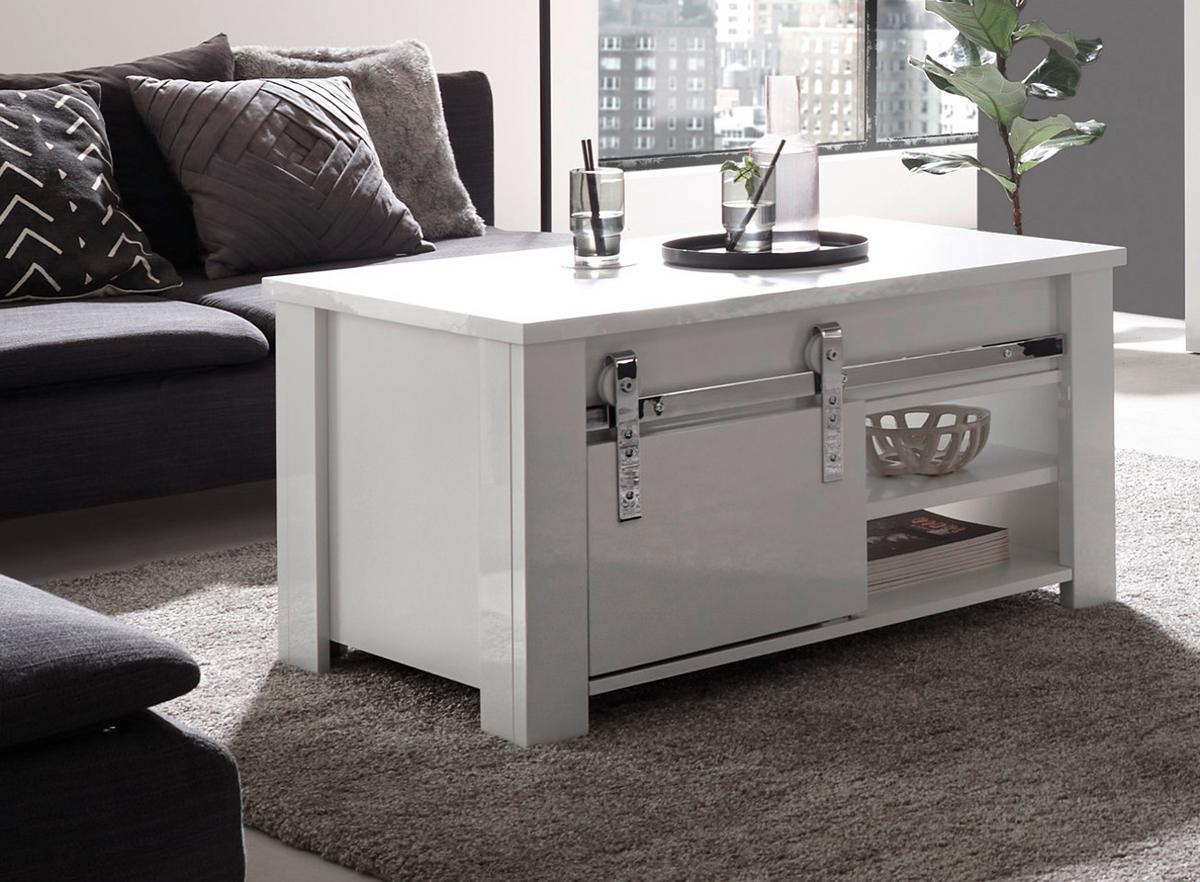COUCHTISCH weiß Hochglanz 93 x 60 cm, Beistelltisch mit Stauraum - Chromfarben/Weiß Hochglanz, Holzwerkstoff/Kunststoff (93/60/51cm) - Furn.Design
