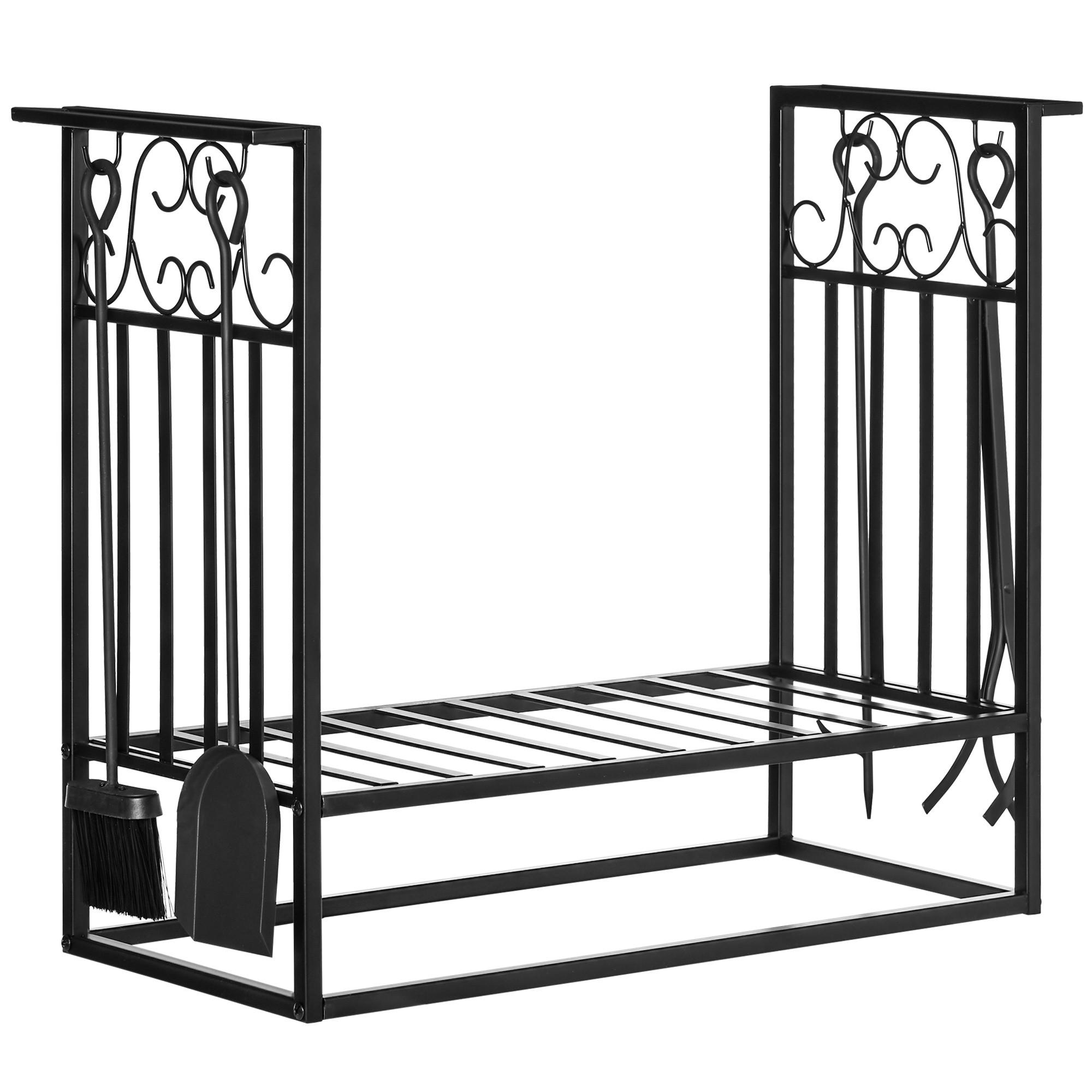 KAMINHOLZSTÄNDER mit Kaminbesteck Erhöhtes Brennholzregal Feuerholzablage Stahl - Schwarz, Metall (30/60/75cm) - HOMCOM