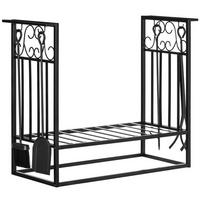KAMINHOLZSTÄNDER mit Kaminbesteck Erhöhtes Brennholzregal Feuerholzablage Stahl - Schwarz, Metall (30/60/75cm) - HOMCOM