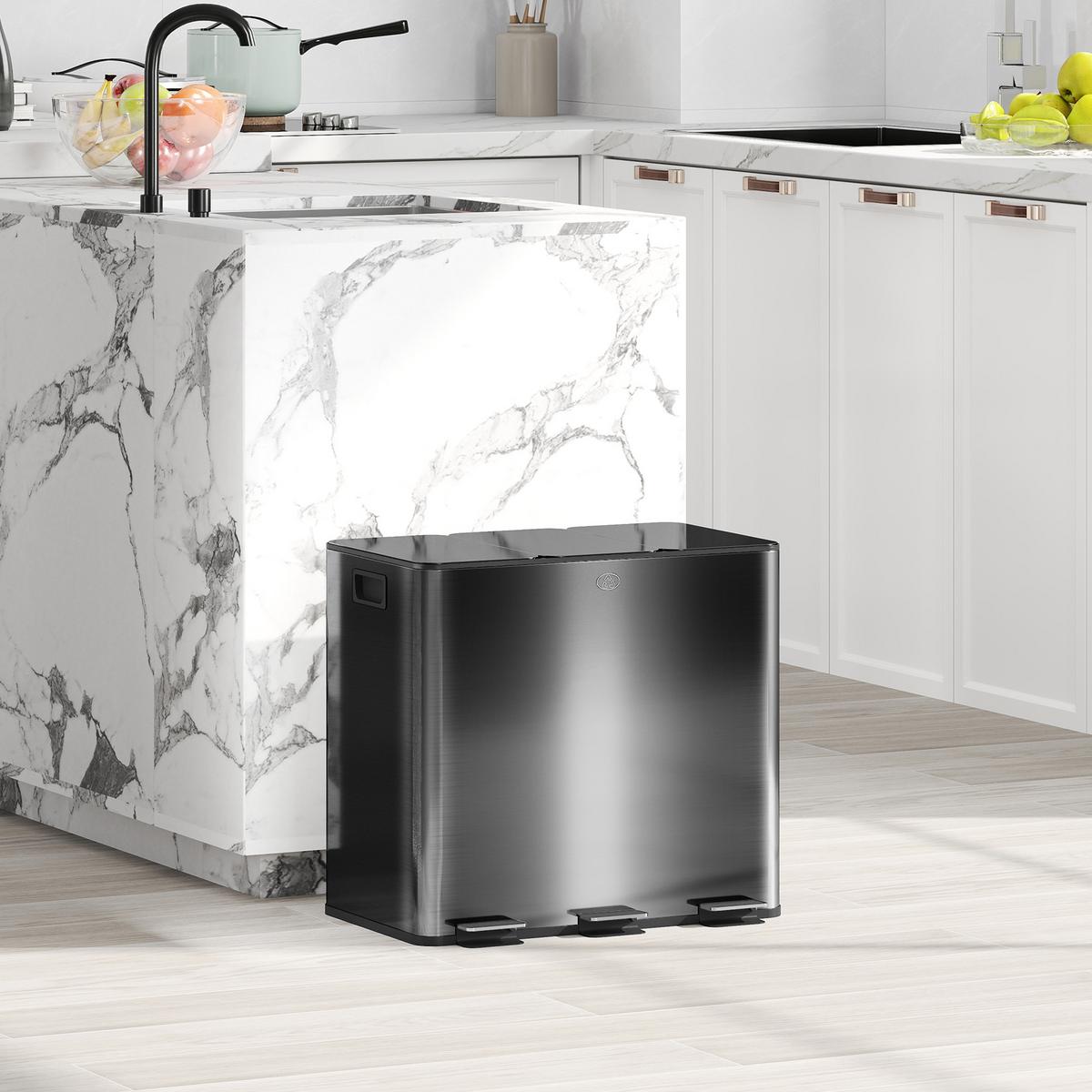MÜLLEIMER 3x15L Abfalleimer aus Edelstahl mit Softclose Deckel Deodorant-Fächern - Anthrazit, Metall (36.6/43.2/61.9cm) - HOMCOM