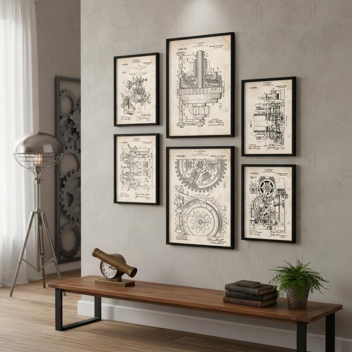 POSTER Set Mit 6 Plakaten Mit Maschinen Patenten Im Vintage Stil A3 & A4 Schwarzer Rahmen - Schwarz, Papier (29/3cm) - Nacnic