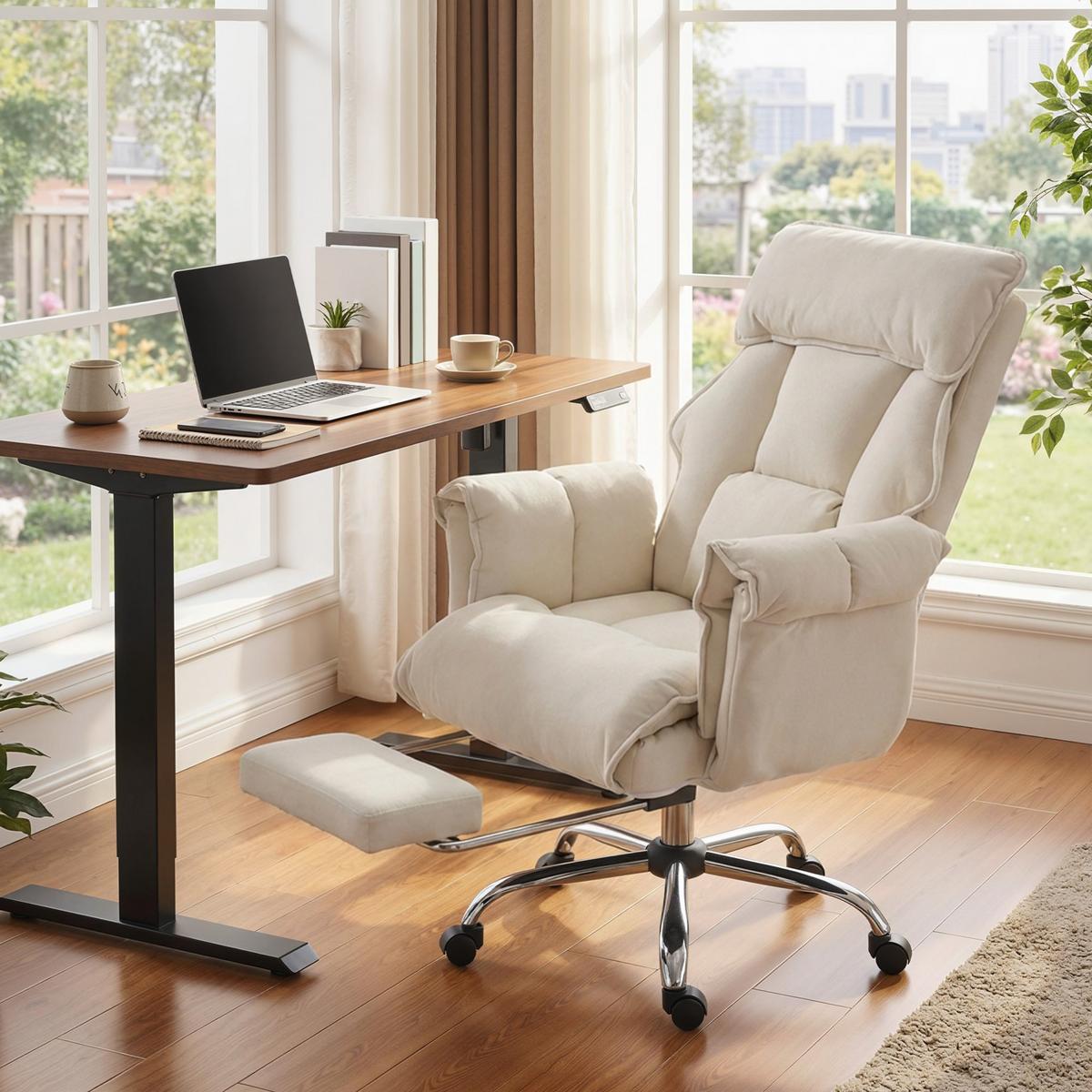 BÜROSTUHL Schneeflanell Cremeweiß - Silberfarben/Creme, Textil/Metall (80/114/80cm) - HOMCOM