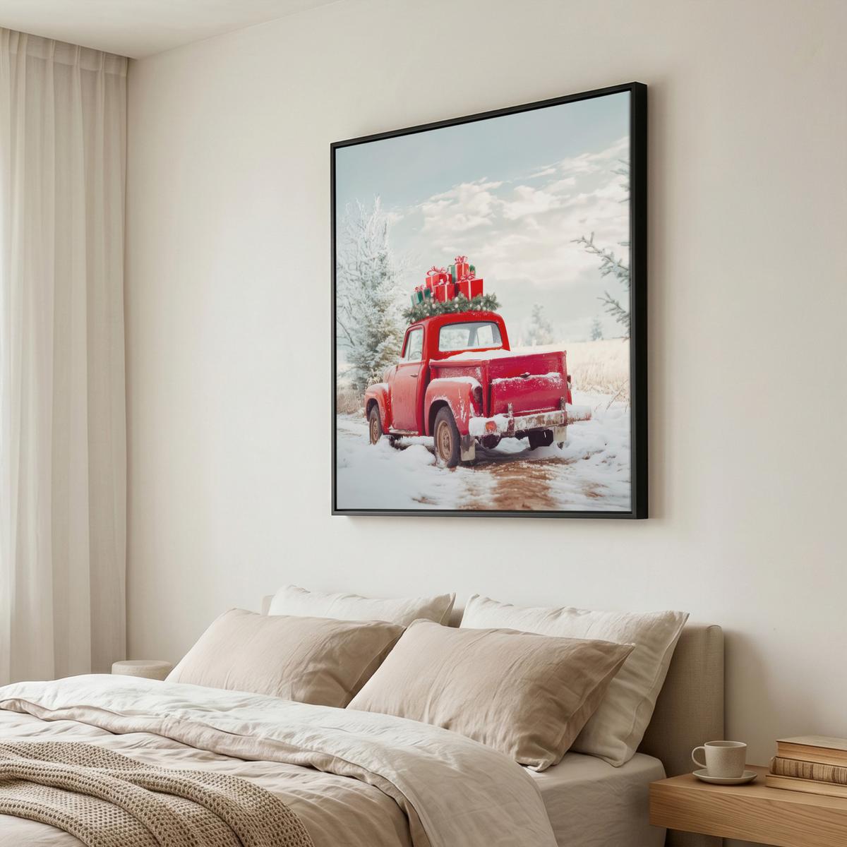 LEINWAND Bilder mit Rahmen - Auto - Rot - Geschenke - Winter - Schnee - Weihnachten - 90x90 - Rot, Textil (90/90cm) - MuchoWow