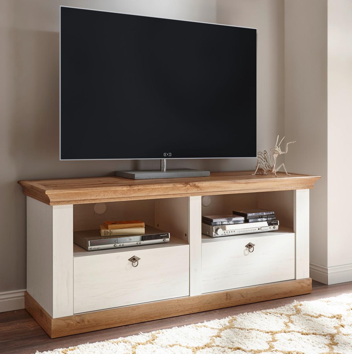 TV-LOWBOARD weiß Pinie, Eiche 150 cm, Landhaus TV Unterschrank mit Komforthöhe - Silberfarben/Eiche Wotan, Holzwerkstoff/Metall (152/64/52cm) - Furn.Design