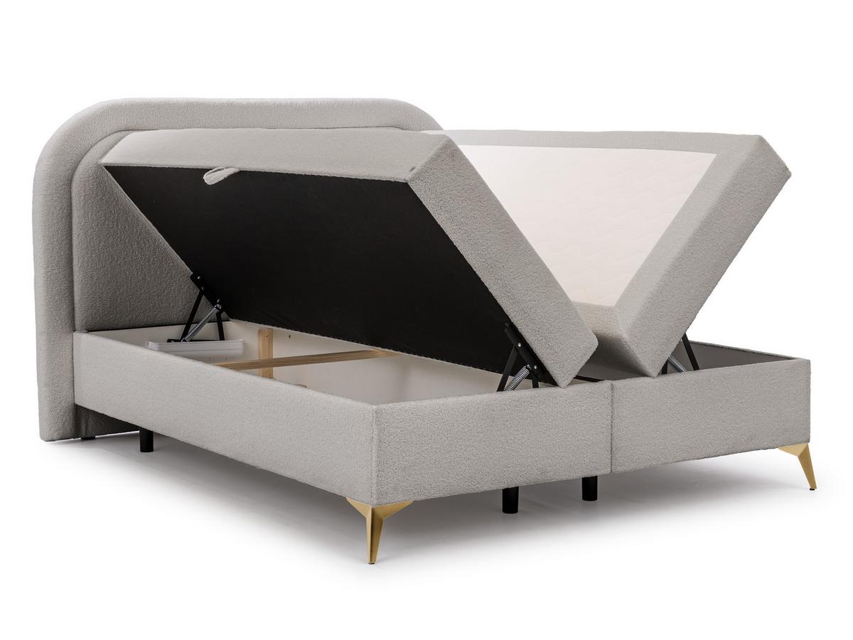 BOXBETT Sonna 180/200 cm Hellgrau Bouclé-Stoff mit abgerundetem Kopfteil und mit goldenen Metallfüßen - Goldfarben/Hellgrau, Holz/Textil (180/200cm) - S-Style Möbel