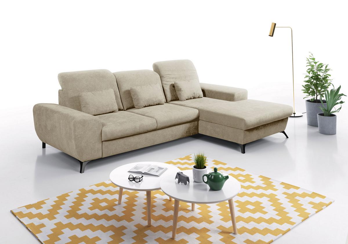 ECKSOFA LUCE R-S Beige Plüsch-Stoff mit Schlaffunktion - Beige, Holz (279/172cm) - MASSENO
