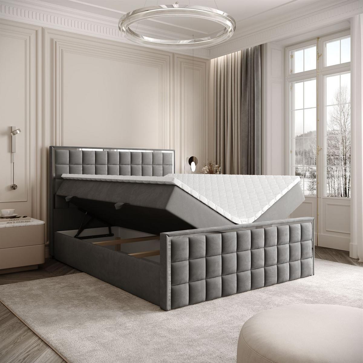 BOXSPRINGBETT ISADORA II SILVER mit Bettkasten und Topper 140x200 cm Royal Velvet 250 - Grau, Textil - Lookway