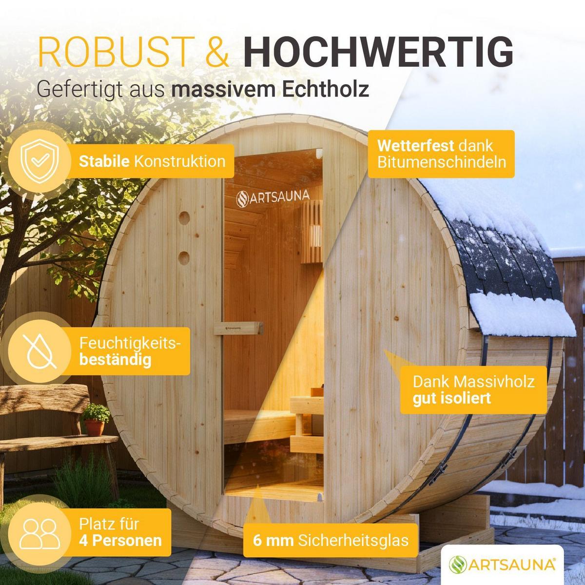 FASSSAUNA Spitzbergen 180 cm mit 6 kW Saunaofen (4 Personen) - Naturfarben, Holz (191/193/180cm) - Artsauna