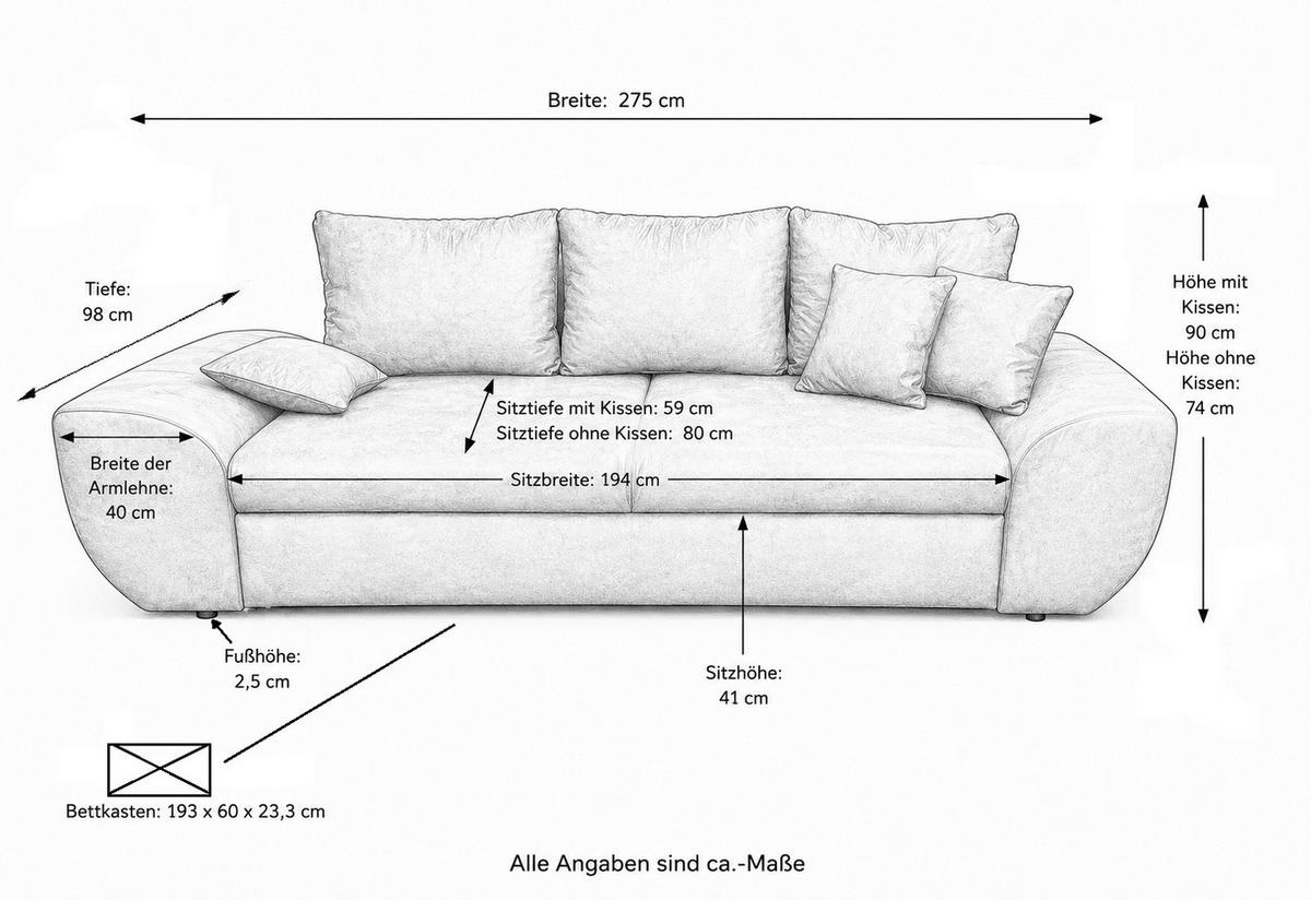BIG-SOFA mit Schlaffunktion, Bettkasten, Wellenunterfederung B275/T98/H90 cm, Liegefläche 148x194 cm, Mikrofaser Leder-Optik Vintage Schwarz / 18010 - Schwarz, Kunststoff/Textil (275/90/98cm) - luma-home