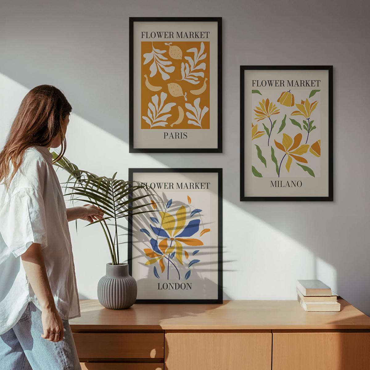 BILDER SET 3er Set - 40x60 cm Schwarzer Rahmen - Blumenposter Paris Mailand London - Schwarz, Kunststoff (40/60cm) - TULUP