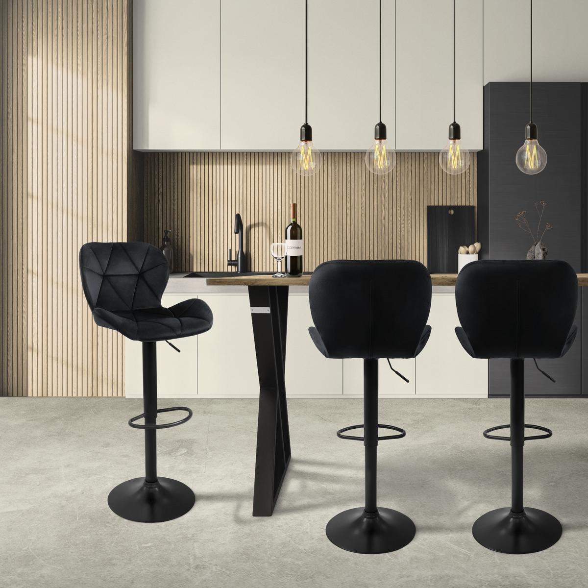 BARHOCKER 2er Set Schwarz aus Samt höhenverstellbar/drehbar - Schwarz, Textil/Metall (41/110/47cm) - ML-DESIGN