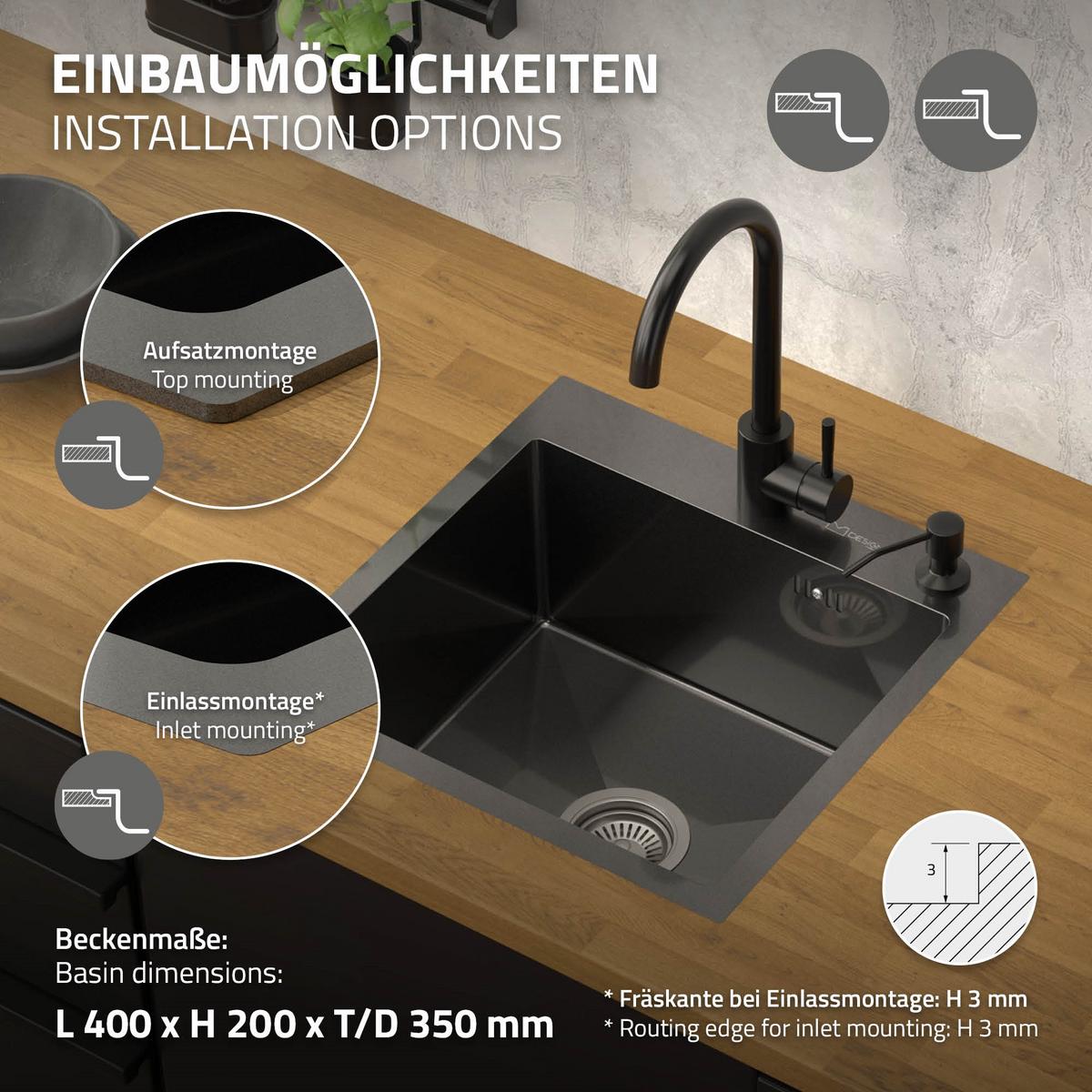SPÜLBECKEN aus Edelstahl 45x45 cm Anthrazit mit Siphon Küchenspüle eckig - Anthrazit, Metall (45/19/45cm) - ML-DESIGN