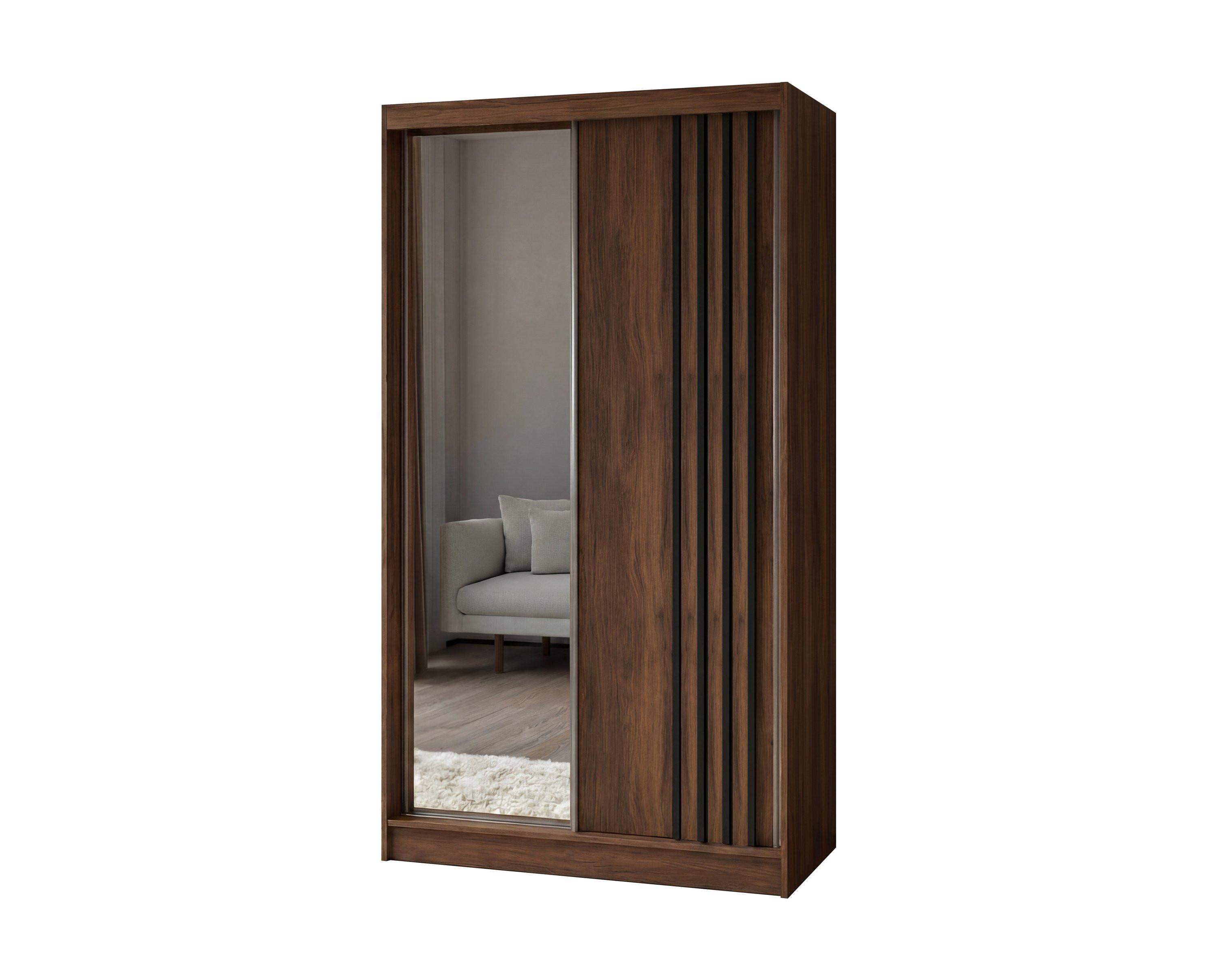 SCHWEBETÜRENSCHRANK NELVIA 120/216/61 cm Modern Kleiderschrank 2-türig mit Spiegel Nussbaumfarben - Nussbaumfarben, Holzwerkstoff (120/216/61cm) - MASSENO