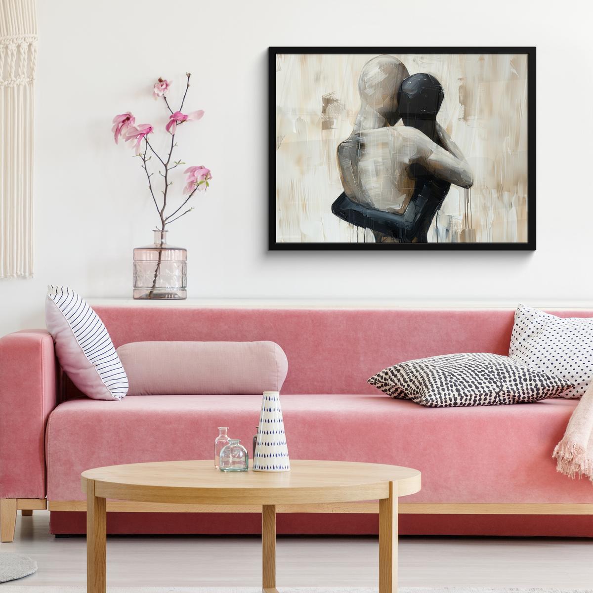 POSTER MIT RAHMENGERAHMTES BILD Abstrakt - Liebe - Schwarz und weiß - Modern 80x60 cm - Schwarz, Papier (80/60cm) - MuchoWow