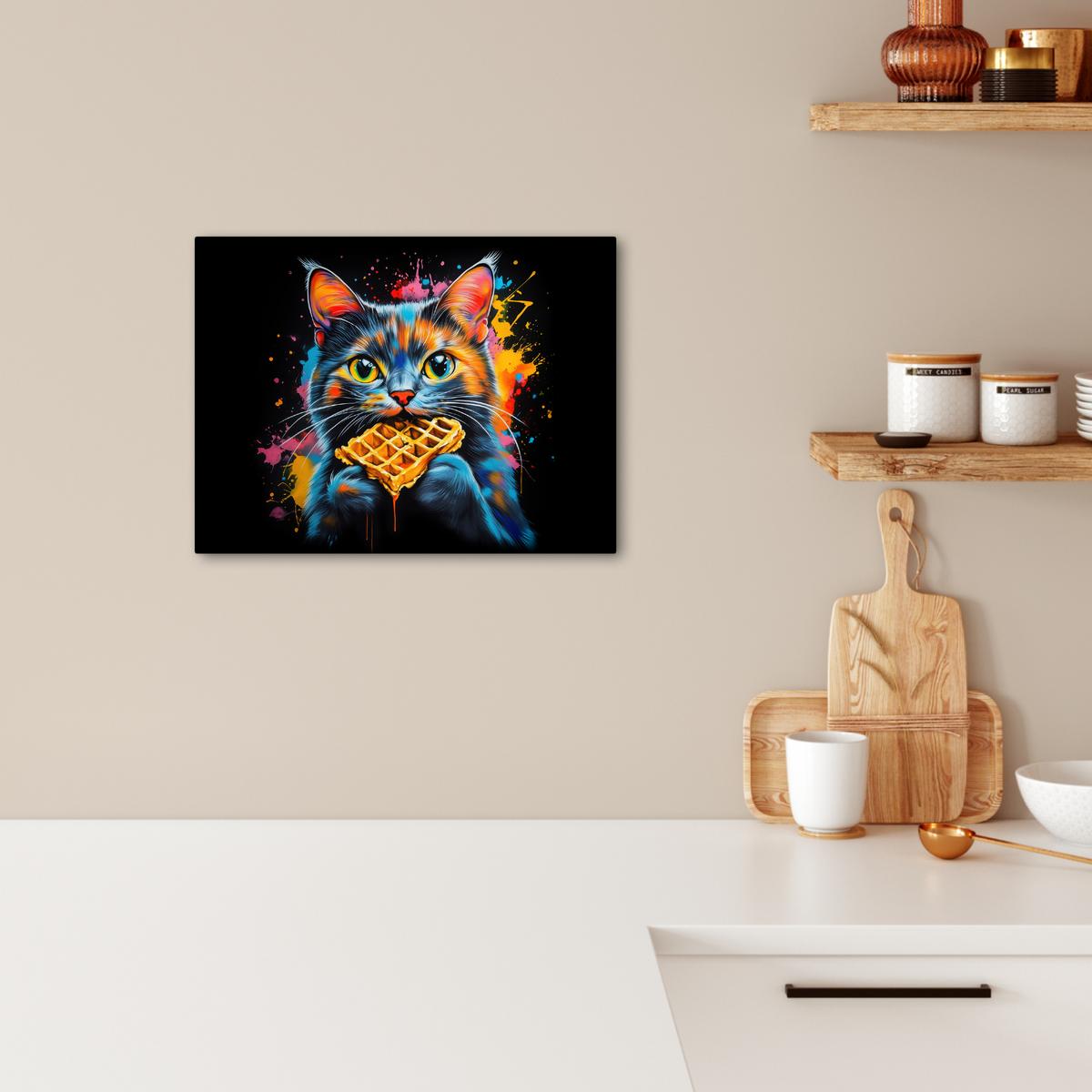 LEINWANDBILD Katze - Graffiti - Bunt - Waffel - Essen Wandbild 40x30 cm - Türkis, Textil (40/30cm) - MuchoWow