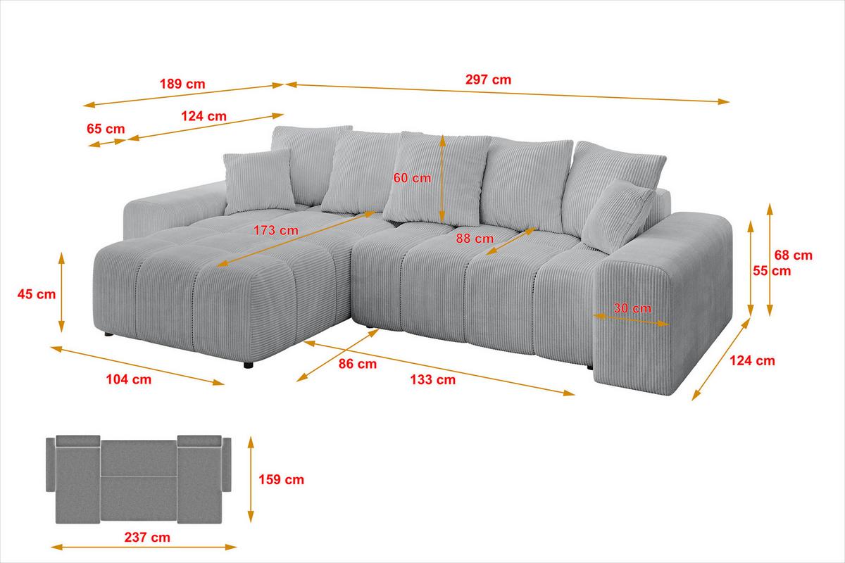 ECKSOFA Ottomane links ENIL-L 297x189x68 Grau Cord - Grau, Holzwerkstoff/Kunststoff (297/189cm) - ALTDECOR