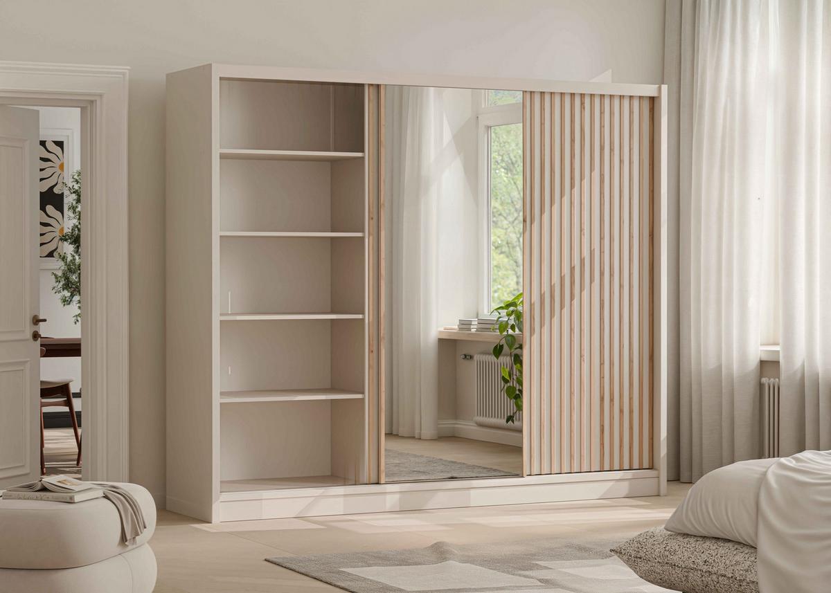 SCHWEBETÜRENSCHRANK SORA 250/215/60,5 cm 3-türig mit Spiegel Kaschmir - Kaschmir, Holzwerkstoff (250/215/60.5cm) - MASSENO